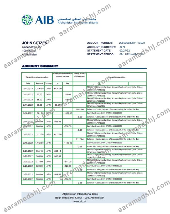 Afghanistan International Bank (AIB) bank statement template in Excel and PDF format